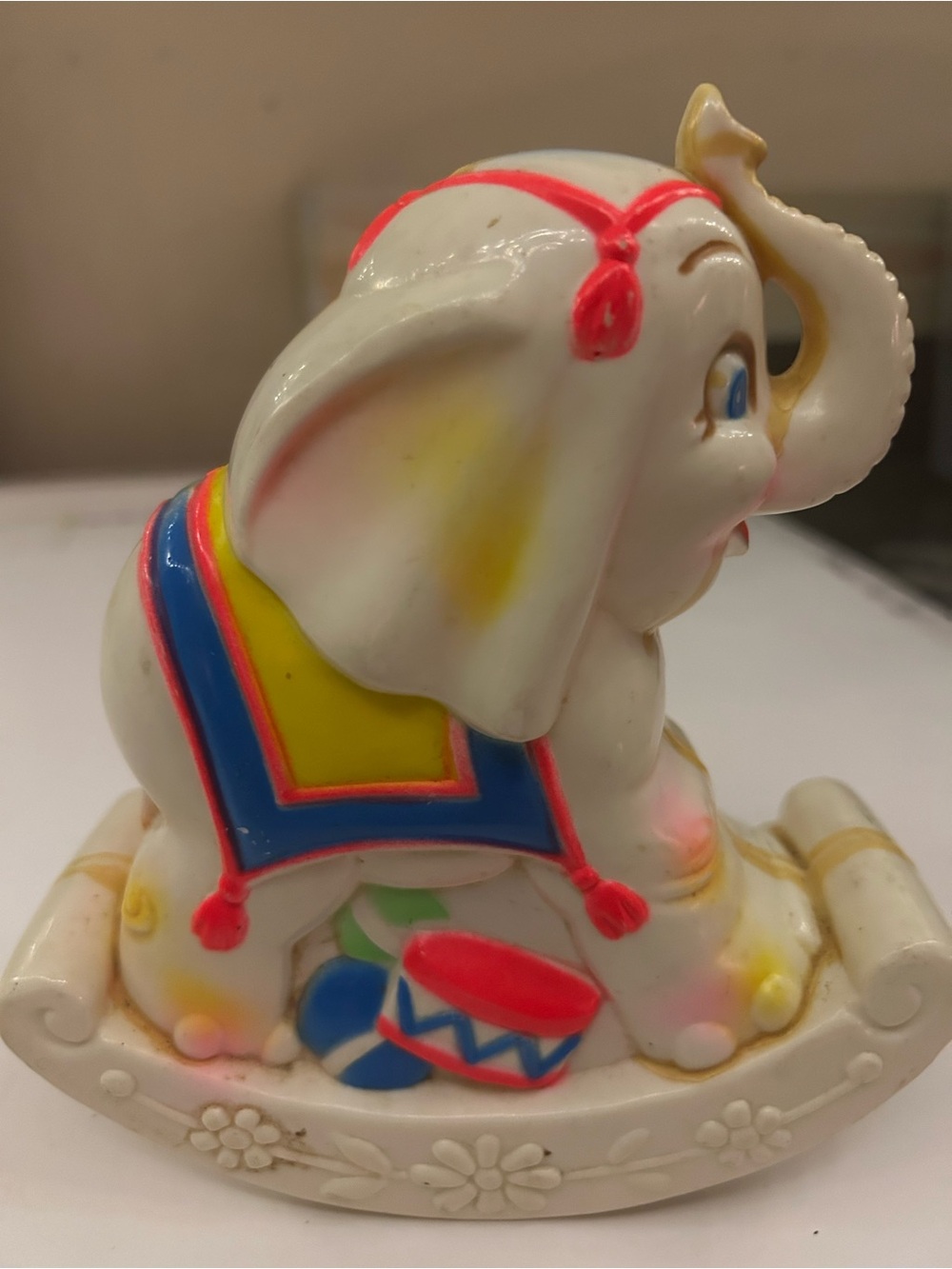 Vintage White Elephant Rocking Toy Figurine with Colorful Saddle - Picture 5 of 5